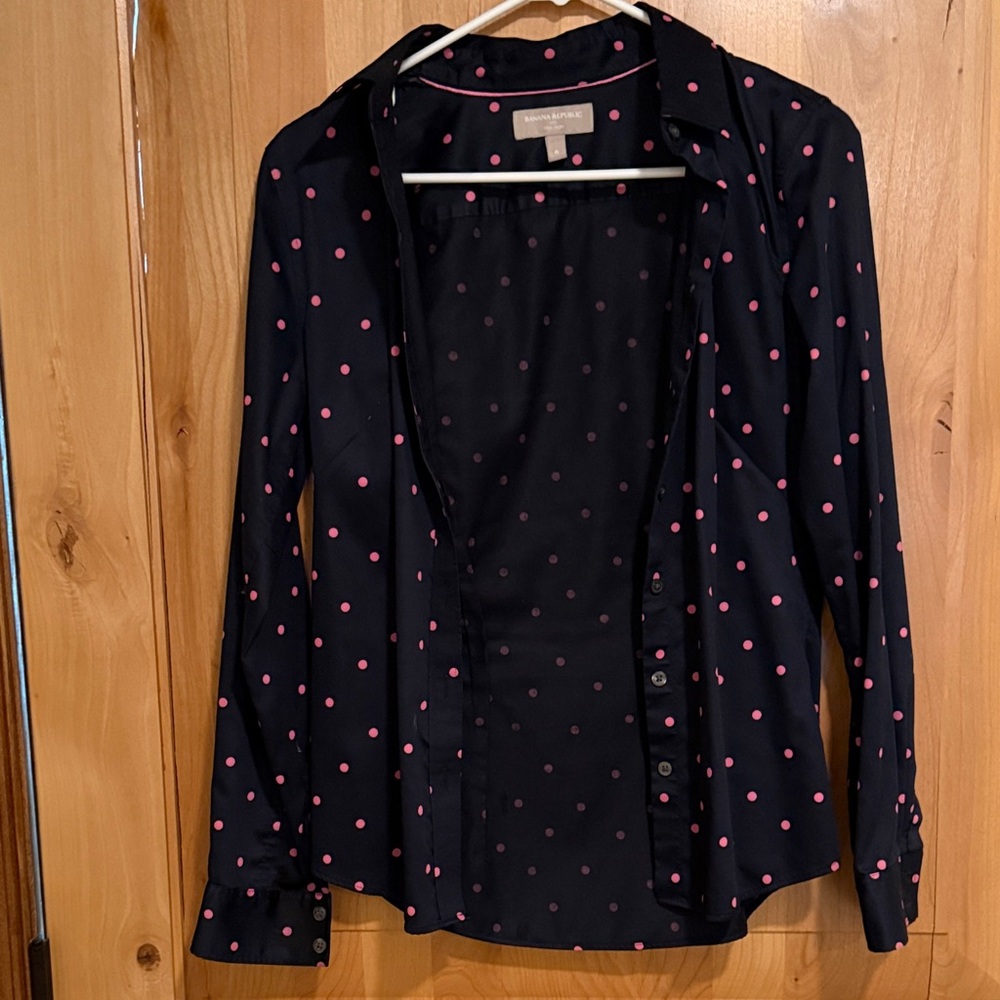 Banana Republic Black Button Down Shirt with Pink Dots